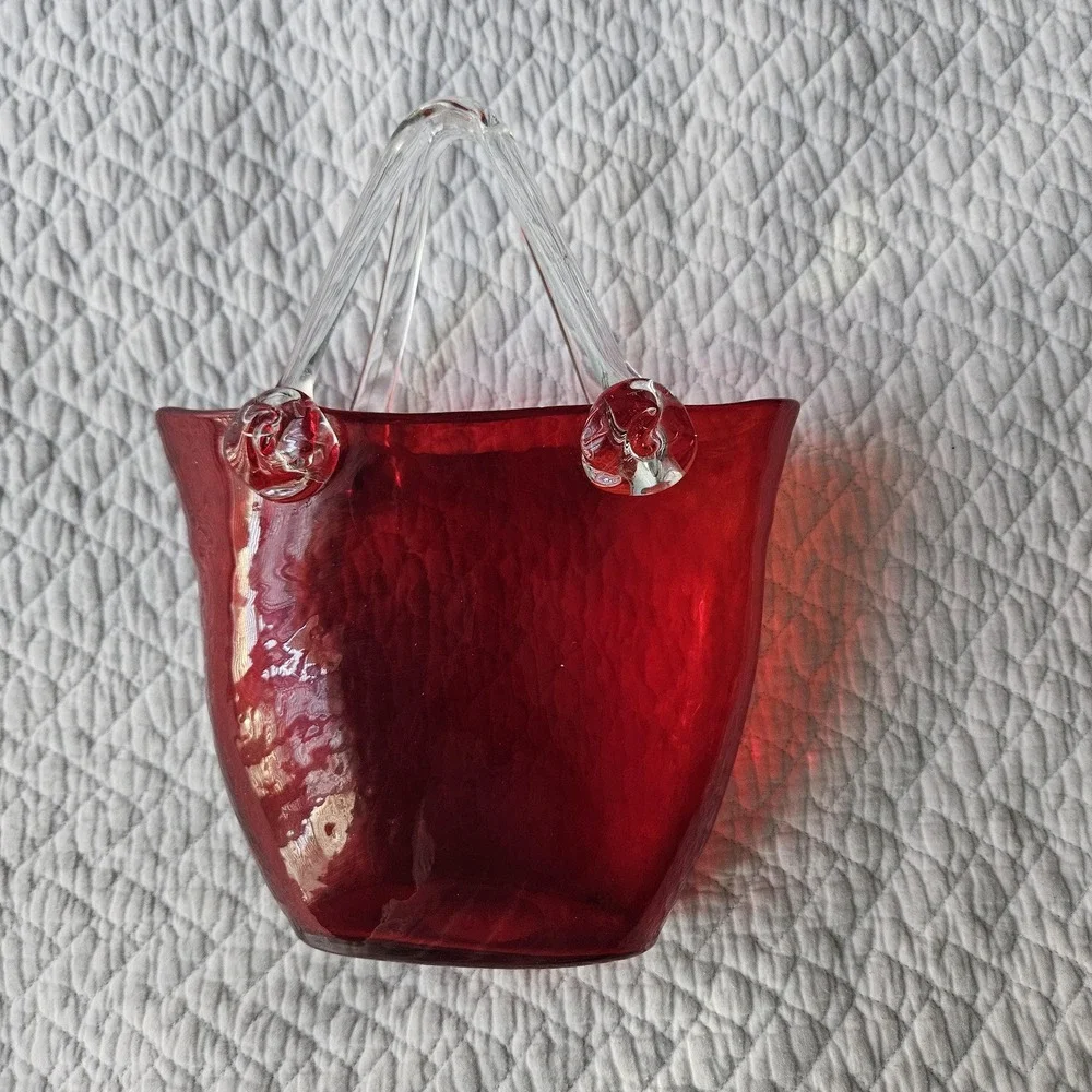 HandBlown Studio Art Glass Purse Vase Red Bag With Clear‎ Handles